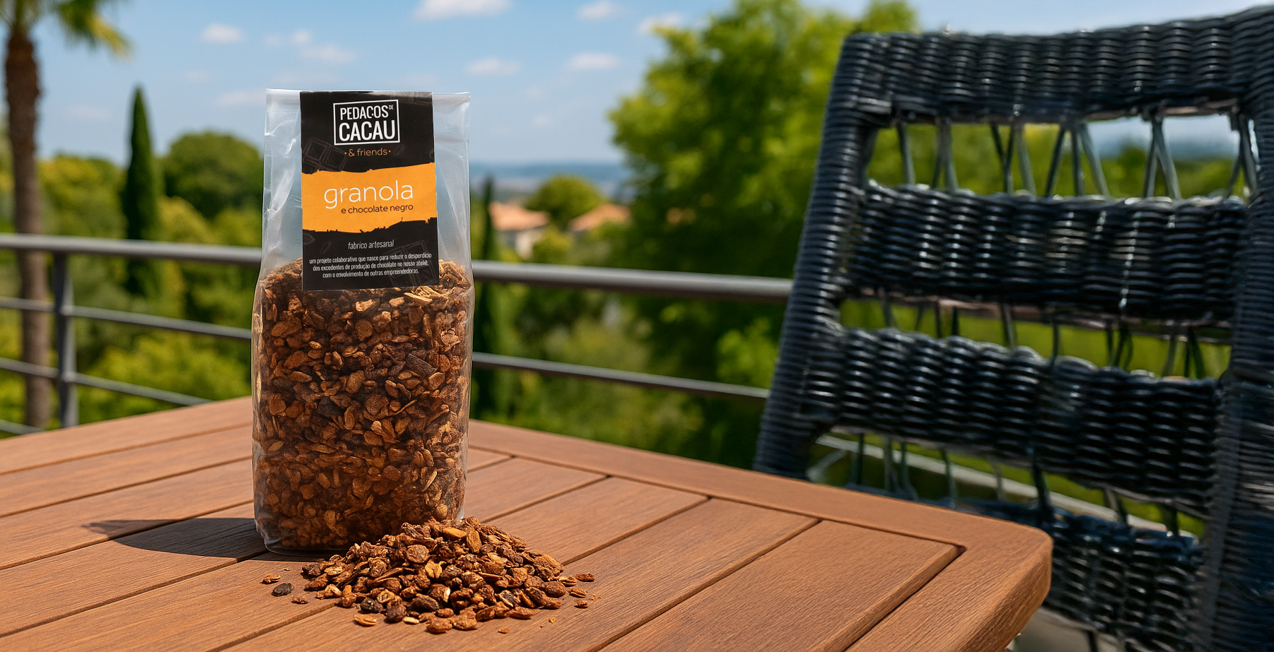 Chocolate tem lugar no verão em vários formatos, este é um exemplo: Granola Exótica da Pedaços de Cacau