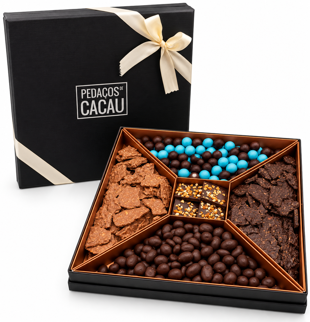 Sinfonia Textura - Caixa gourmet com drageias, crocantes e napolitanas de chocolate negro
